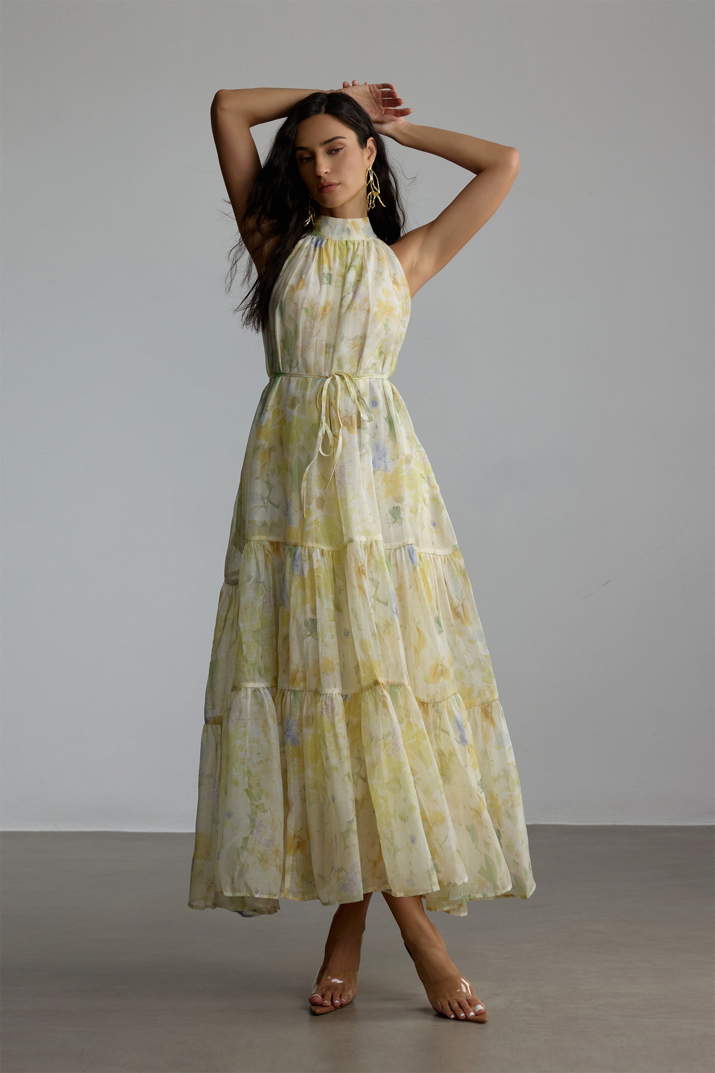 CAROLINE FLORAL PRINT SLEEVELESS MAXI DRESS YELLOW