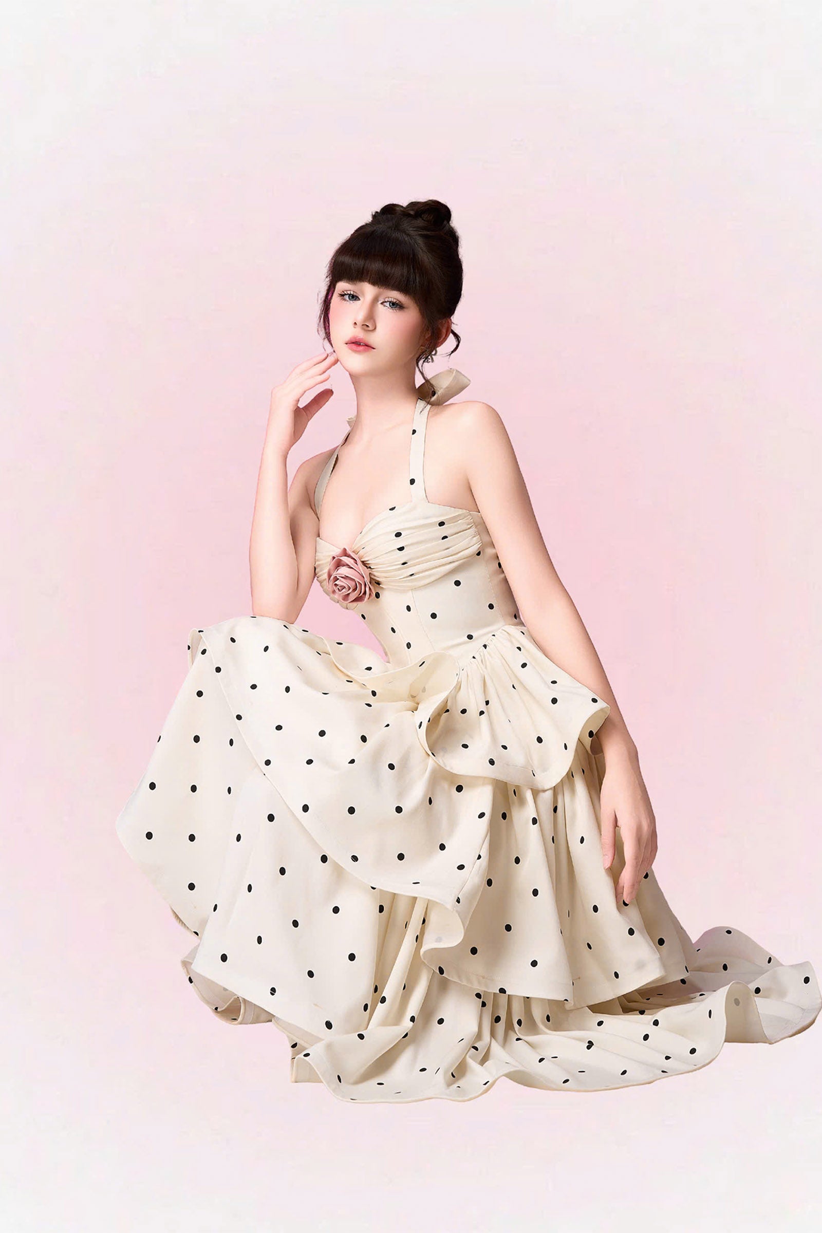 ROBERTA POLKA DOT HALTER MIDI DRESS - APRICOT