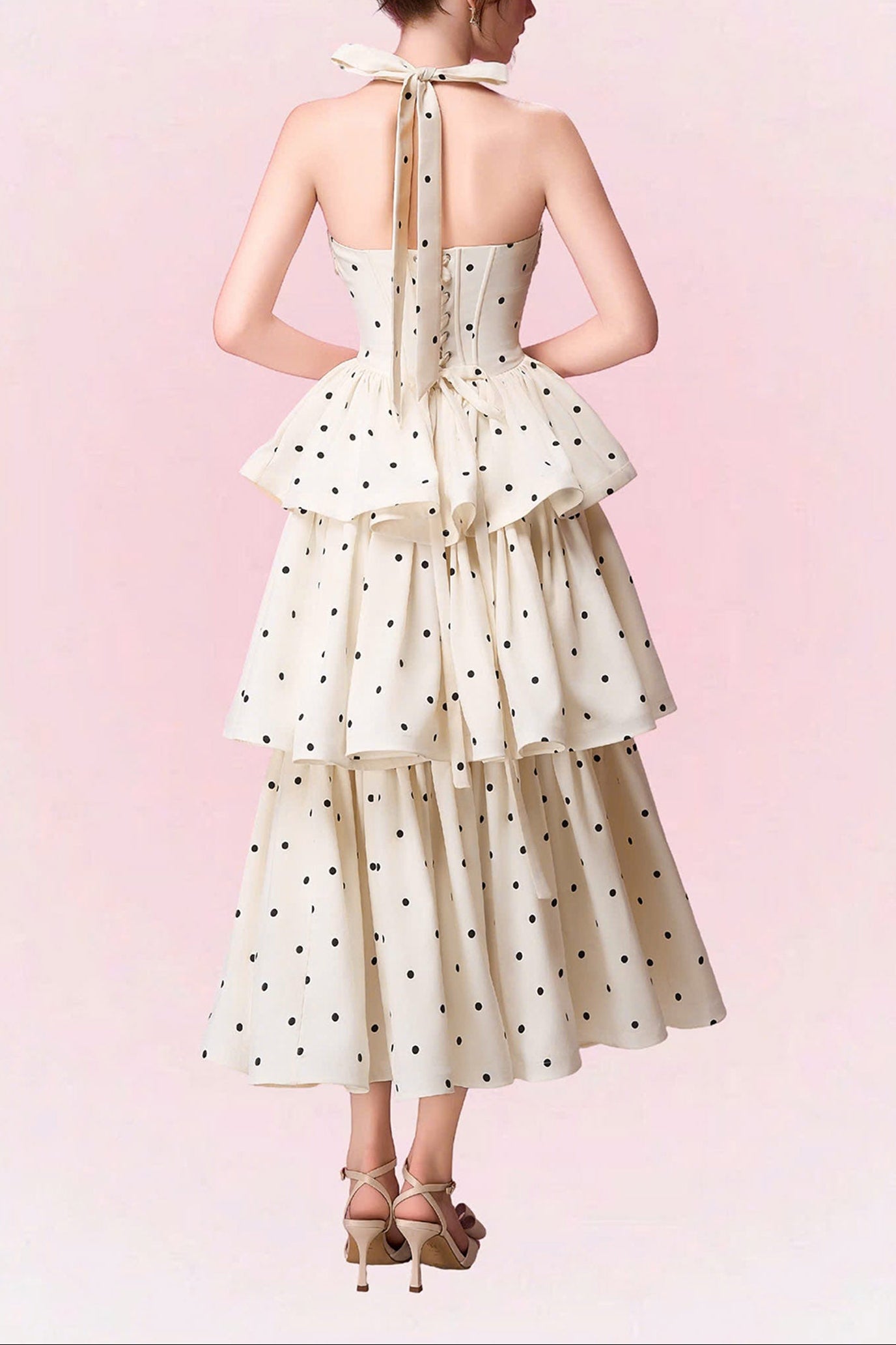 ROBERTA POLKA DOT HALTER MIDI DRESS - APRICOT