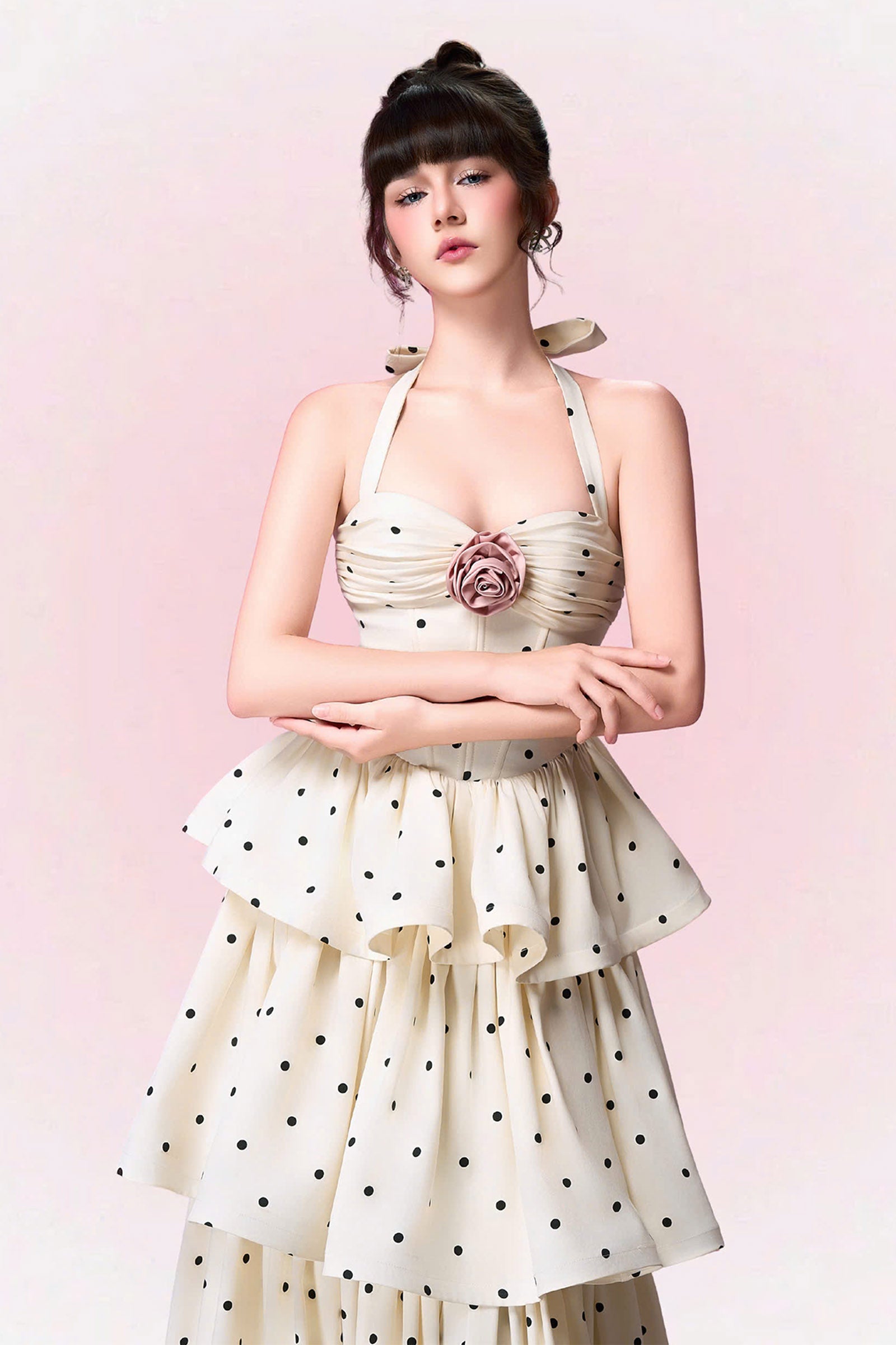 ROBERTA POLKA DOT HALTER MIDI DRESS - APRICOT