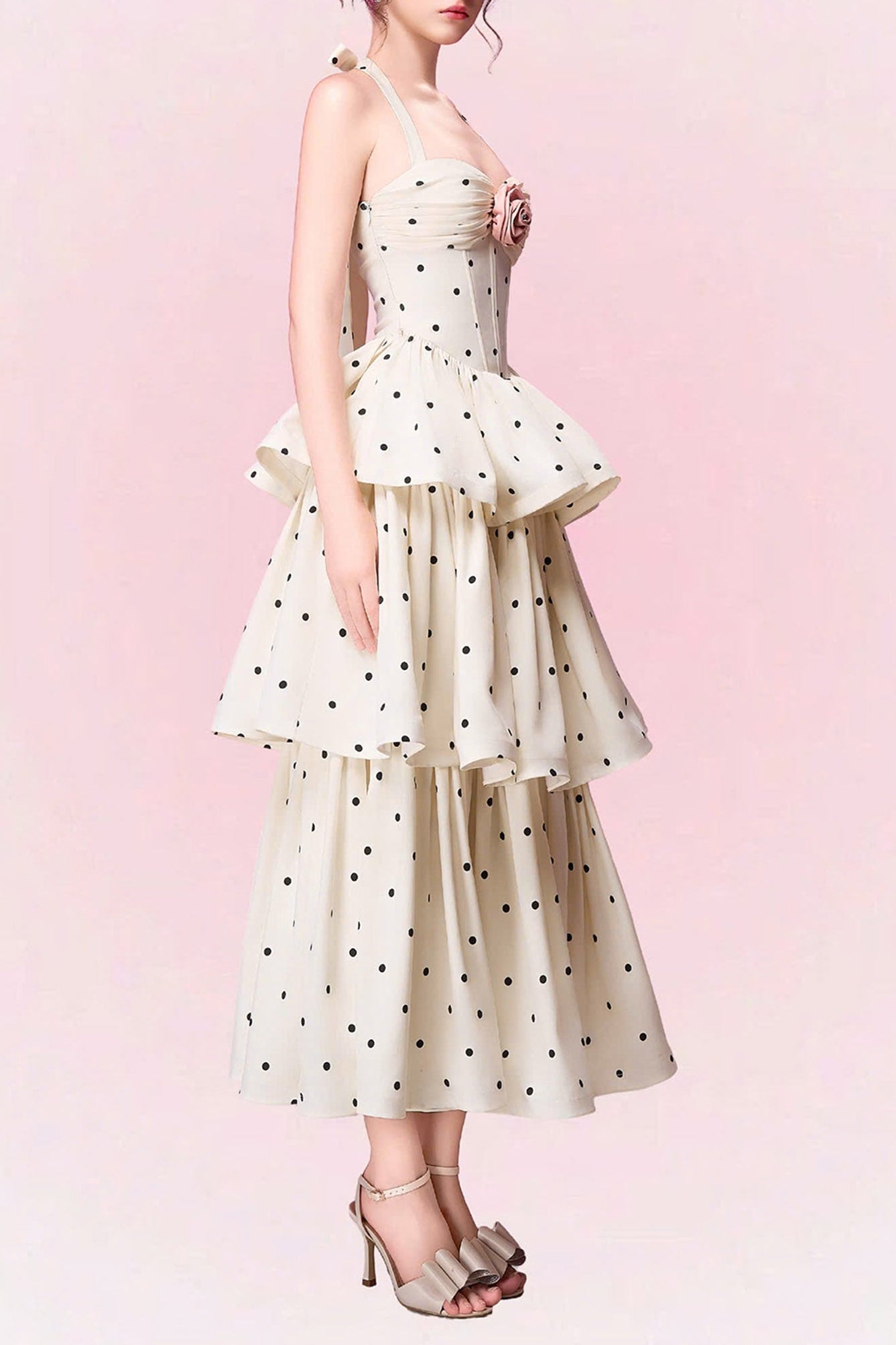 ROBERTA POLKA DOT HALTER MIDI DRESS - APRICOT