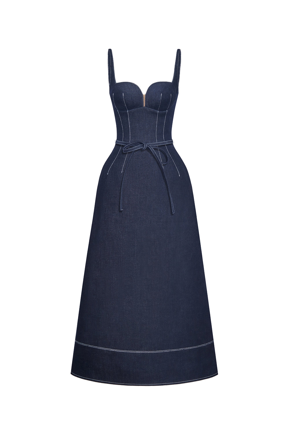 A-LINE DENIM MIDI DRESS, SLEEVELESS CASUAL BLUE