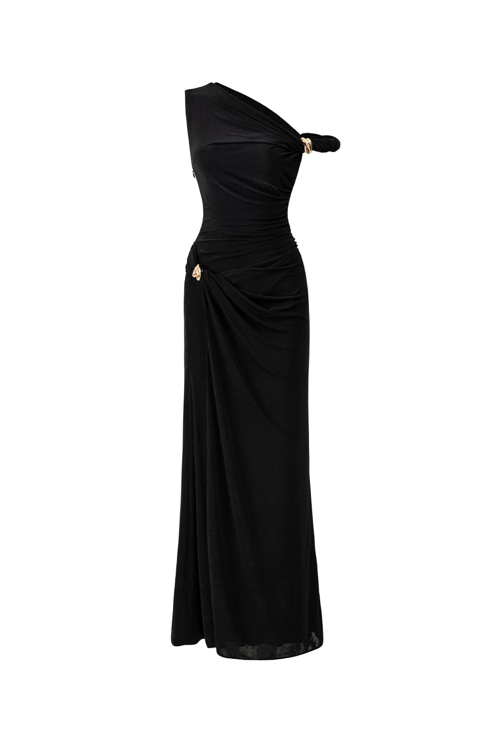 BLACK SHEATH DRESS, GATHERED SPANDEX, ANKLE-LENGTH COCKTAIL