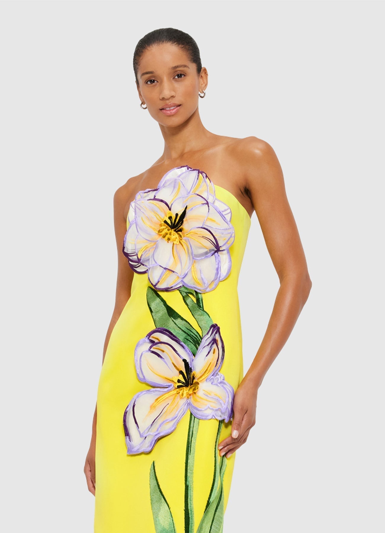 YELLOW APPLIQUÉ FLORAL BUSTIER MAXI DRESS