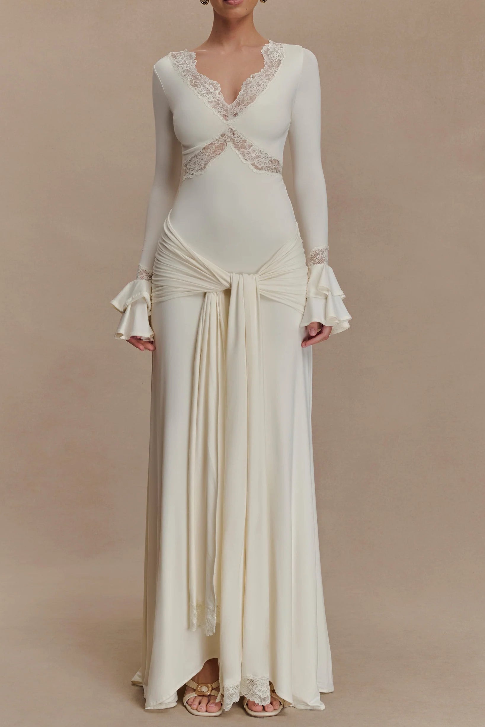 003a6f22-f4f8-4dba-8d6c-4dda5a0fcc48 PAMELA V-NECK LACE SHEER MAXI DRESS WHITE WEDDING