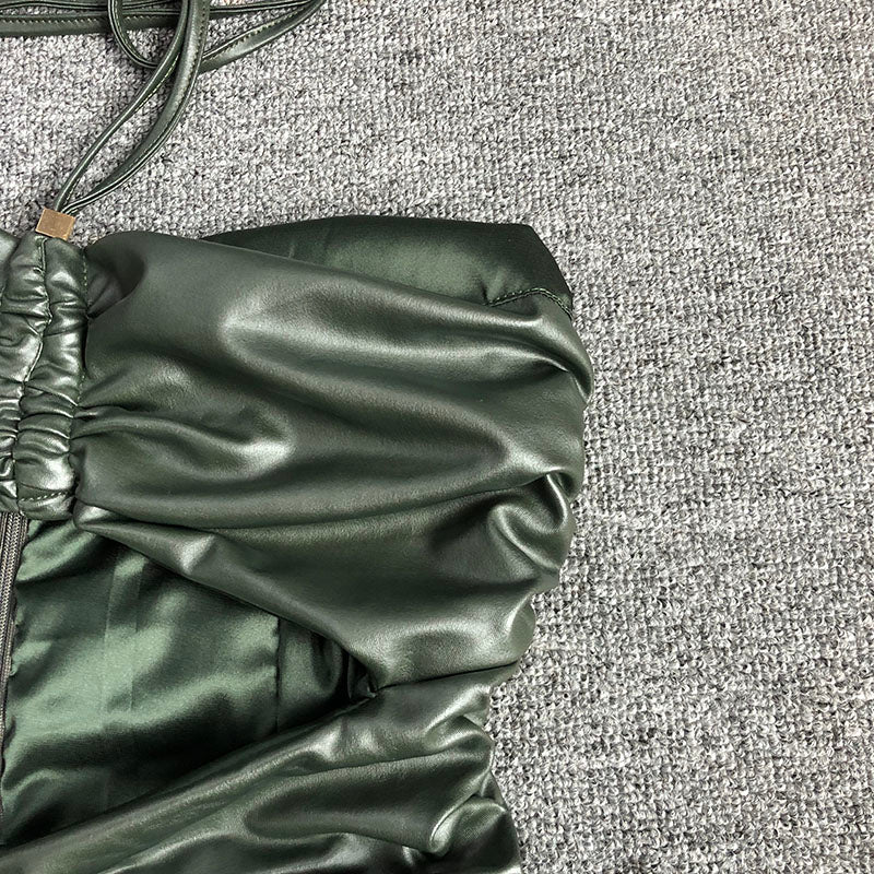 GREEN BACKLESS PLEATED DRESS, BARE BACK, COCKTAIL