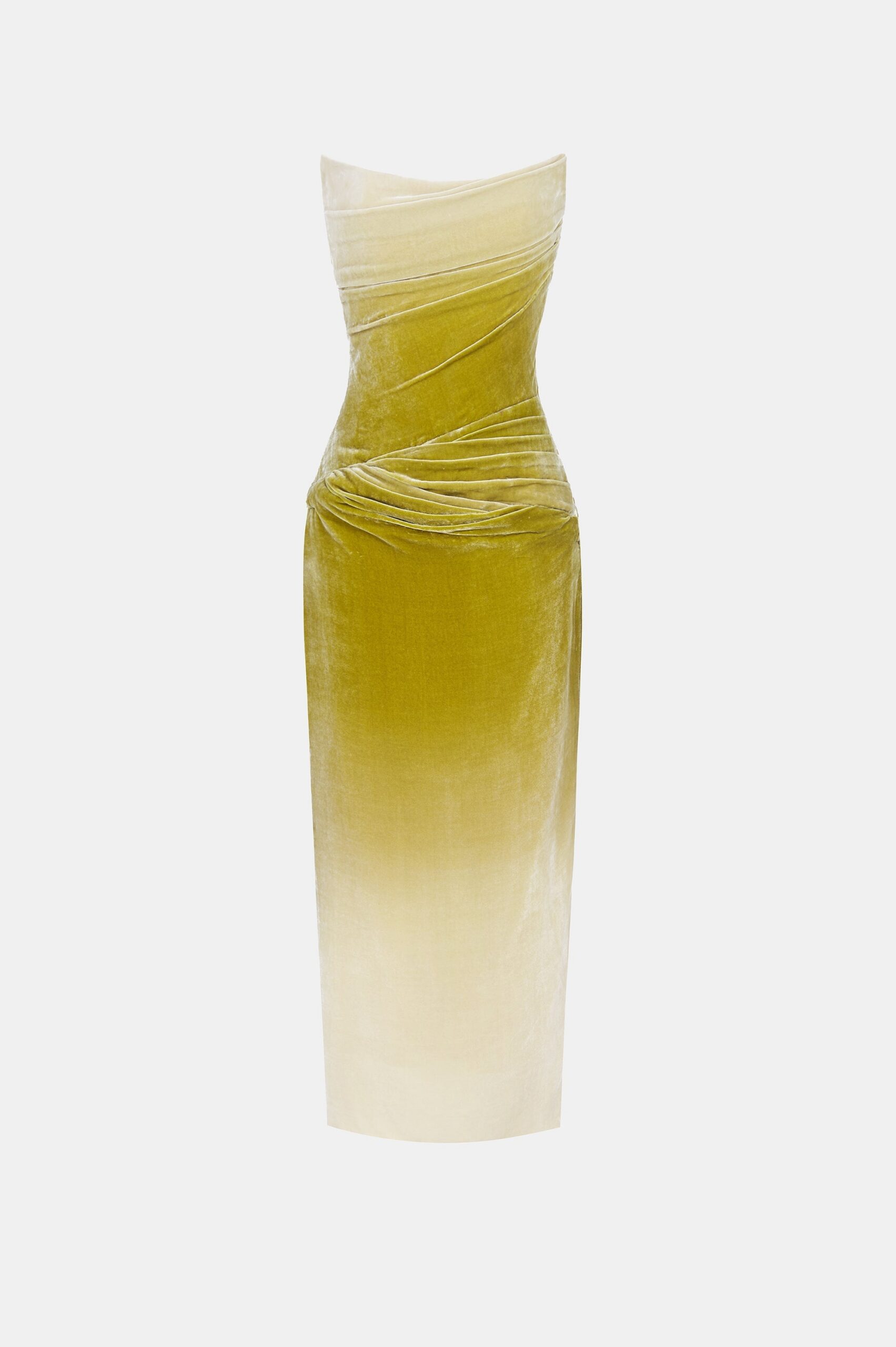 RUCHED VELVET STRAPLESS MIDI DRESS GREEN GRADIENT