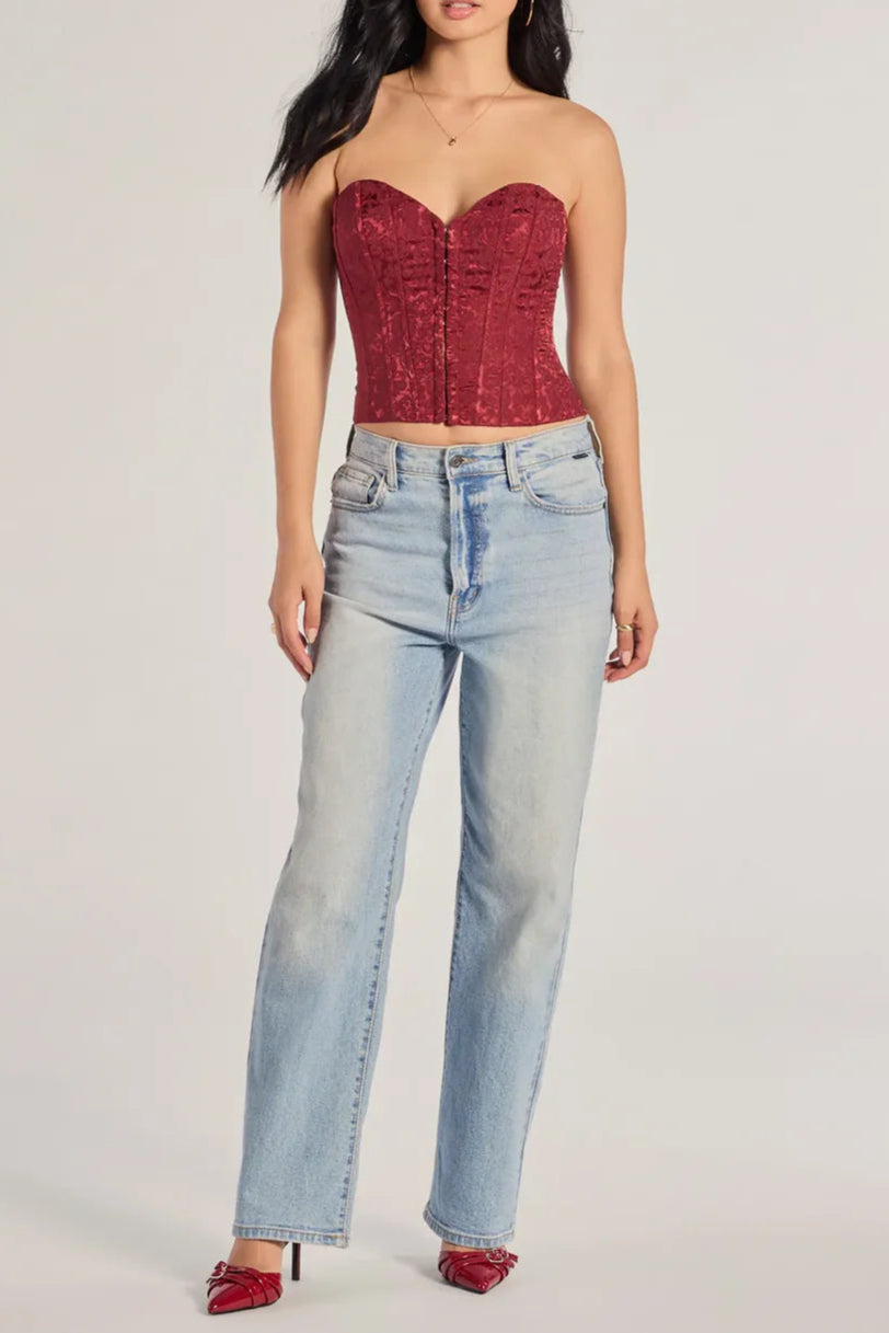 BURGUNDY BROCADE SATIN STRAPLESS CORSET TOP FOR PARTY