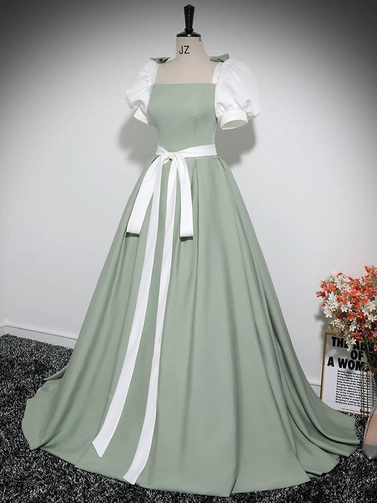 A-LINE PUFF SLEEVE SATIN GREEN PARTY DRESS