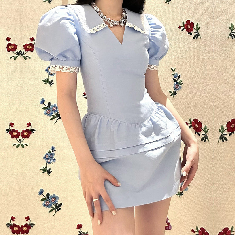 BLUE BUBBLE SLEEVE MINI DRESS FOR PARTY