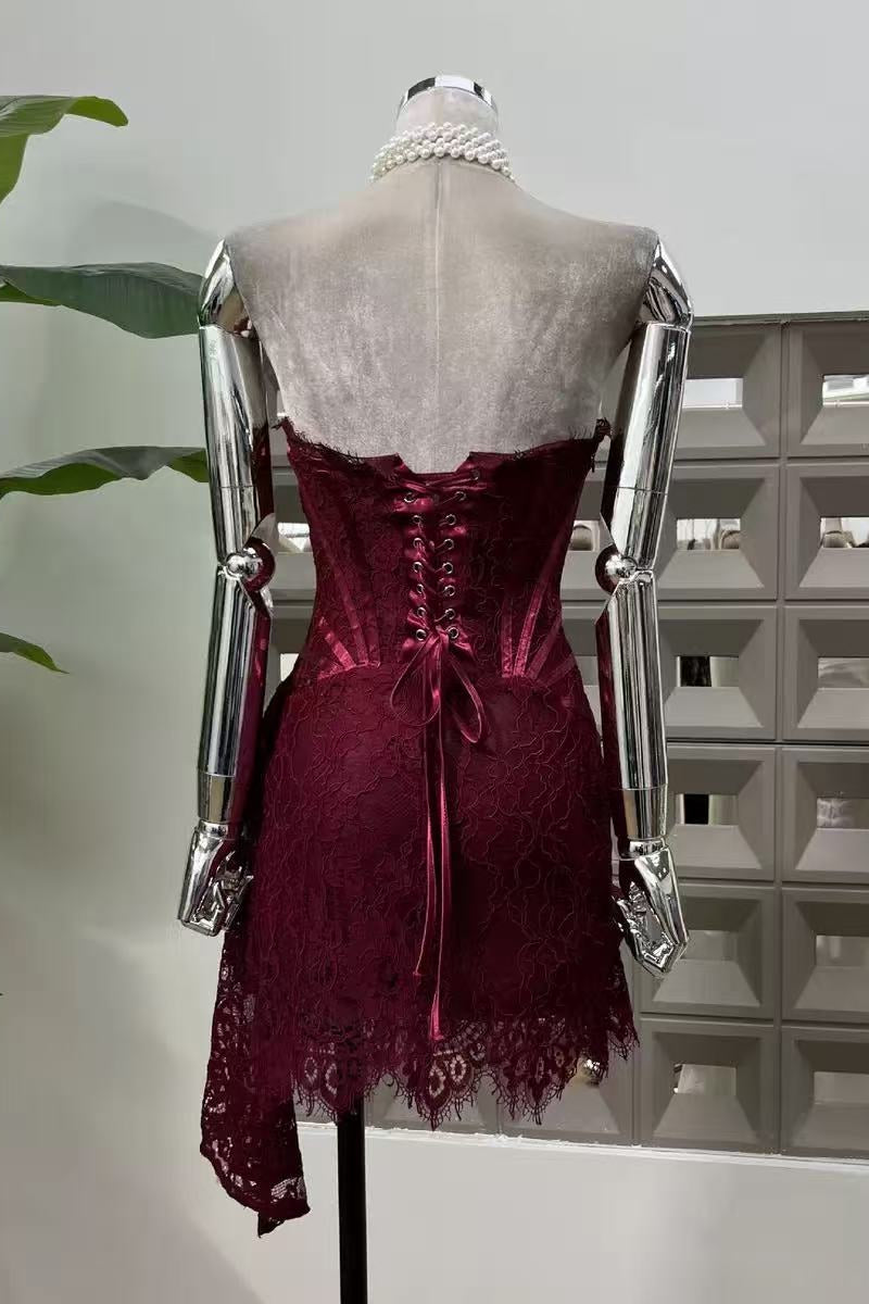 BURGUNDY LACE BUSTIER MINI DRESS FOR COCKTAIL PARTY
