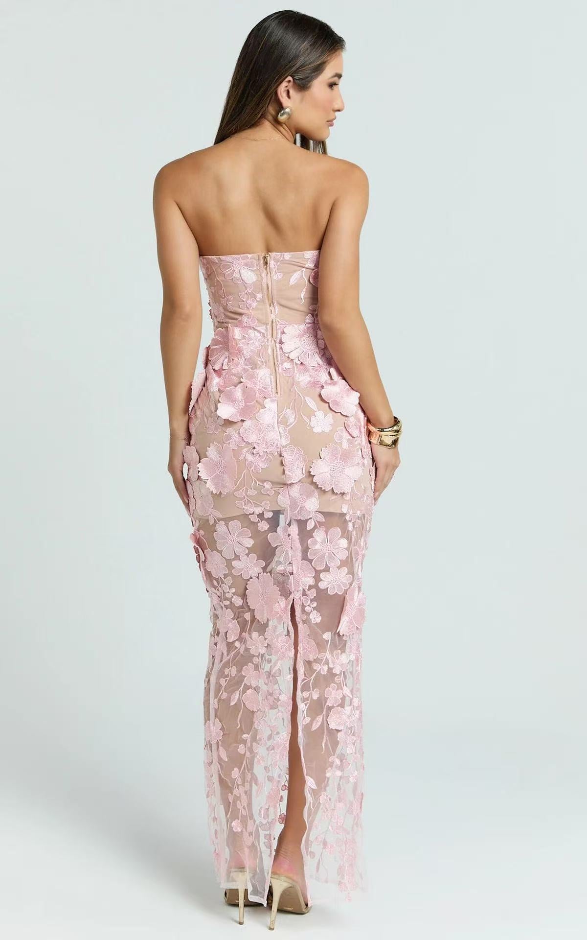 STRAPLESS 3D FLORAL MESH MAXI DRESS FOR WEDDING GUEST
