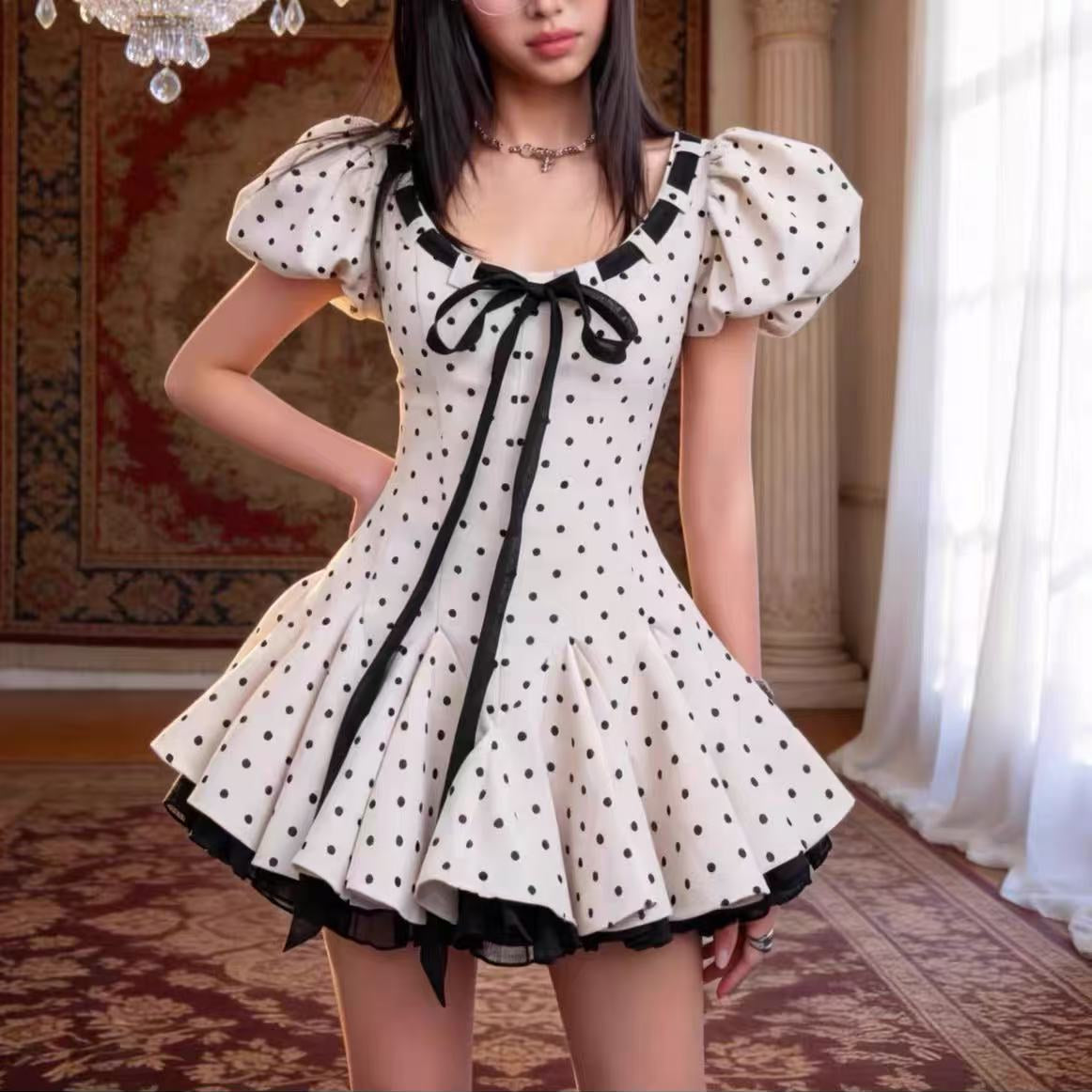 WANIA WHITE POLKA DOT MINI DRESS TIE-FRONT