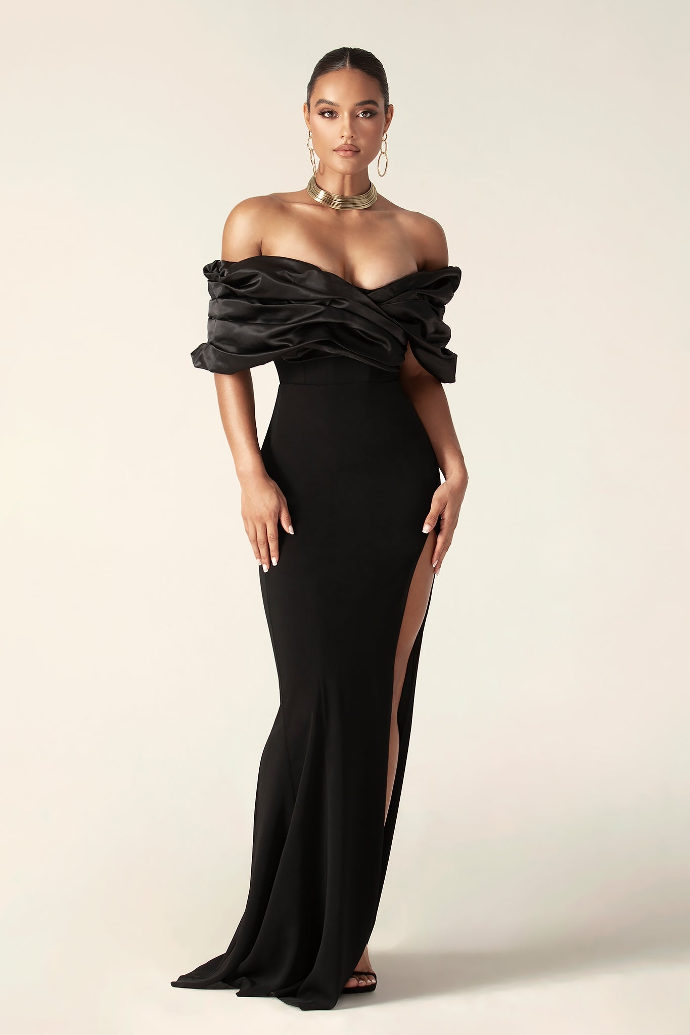 PRESLEY CREPE RUFFLE SHOULDER FORMAL MAXI GOWN