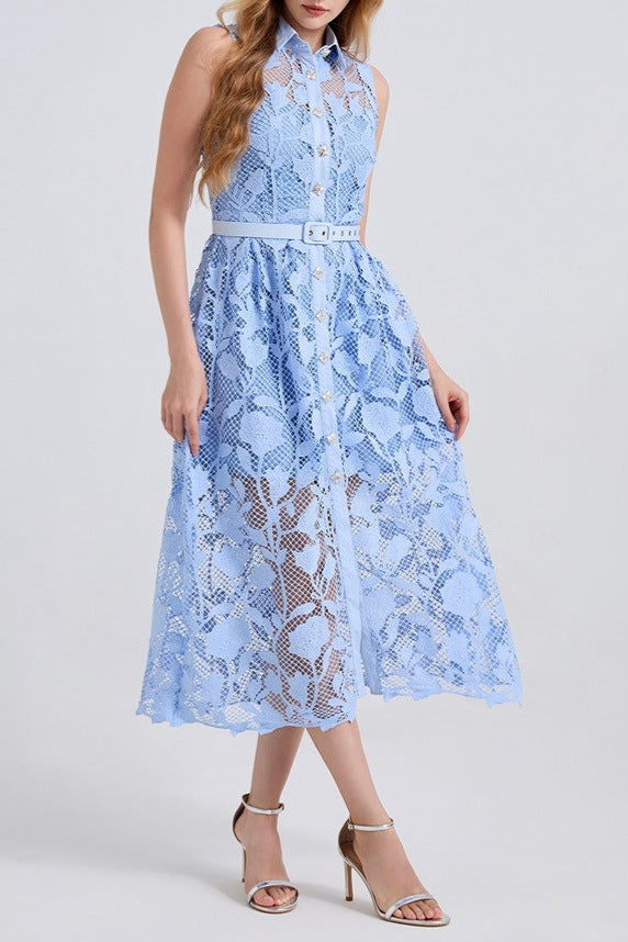 BLUE SLEEVELESS PINCHED WAIST MIDI DRESS