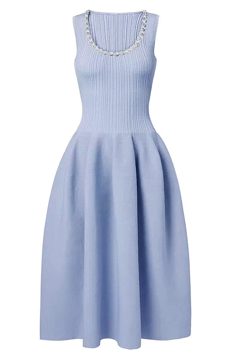 BLUE RIBBED MIDI DRESS WITH DIAMANTE DETAIL FOR PARTY