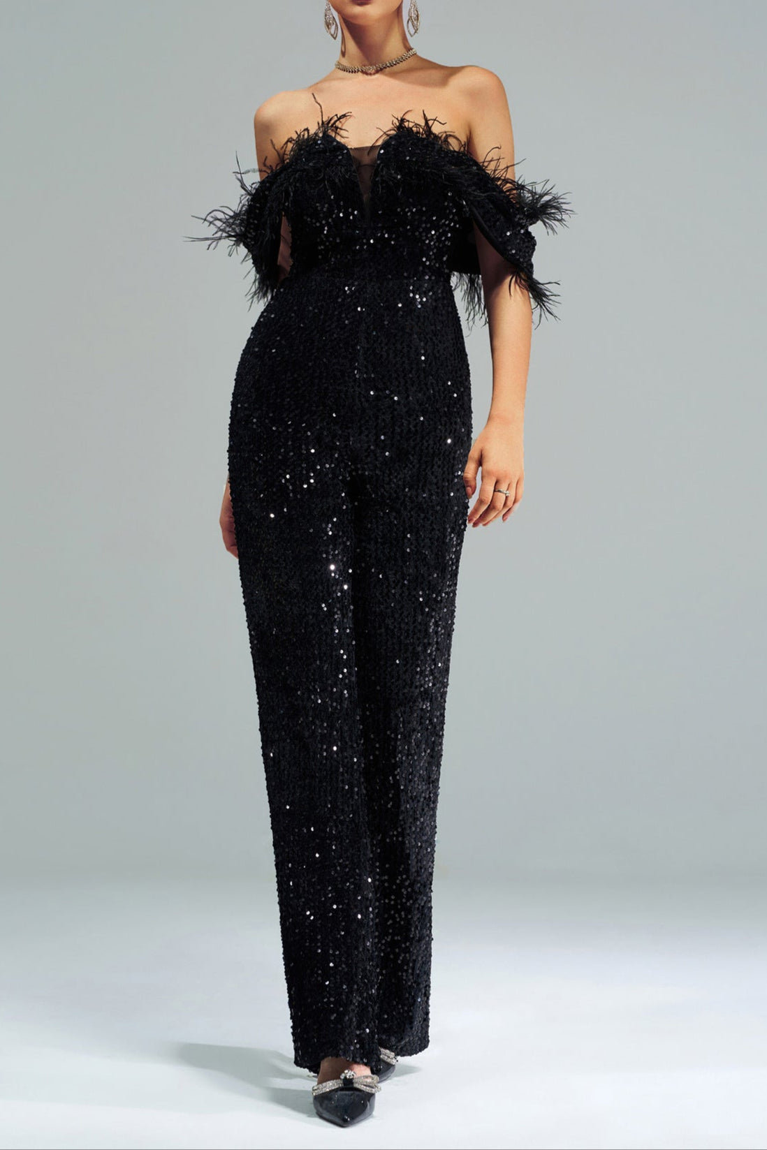 OFF-SHOULDER SEQUIN JUMPSUIT BLACK PARTY