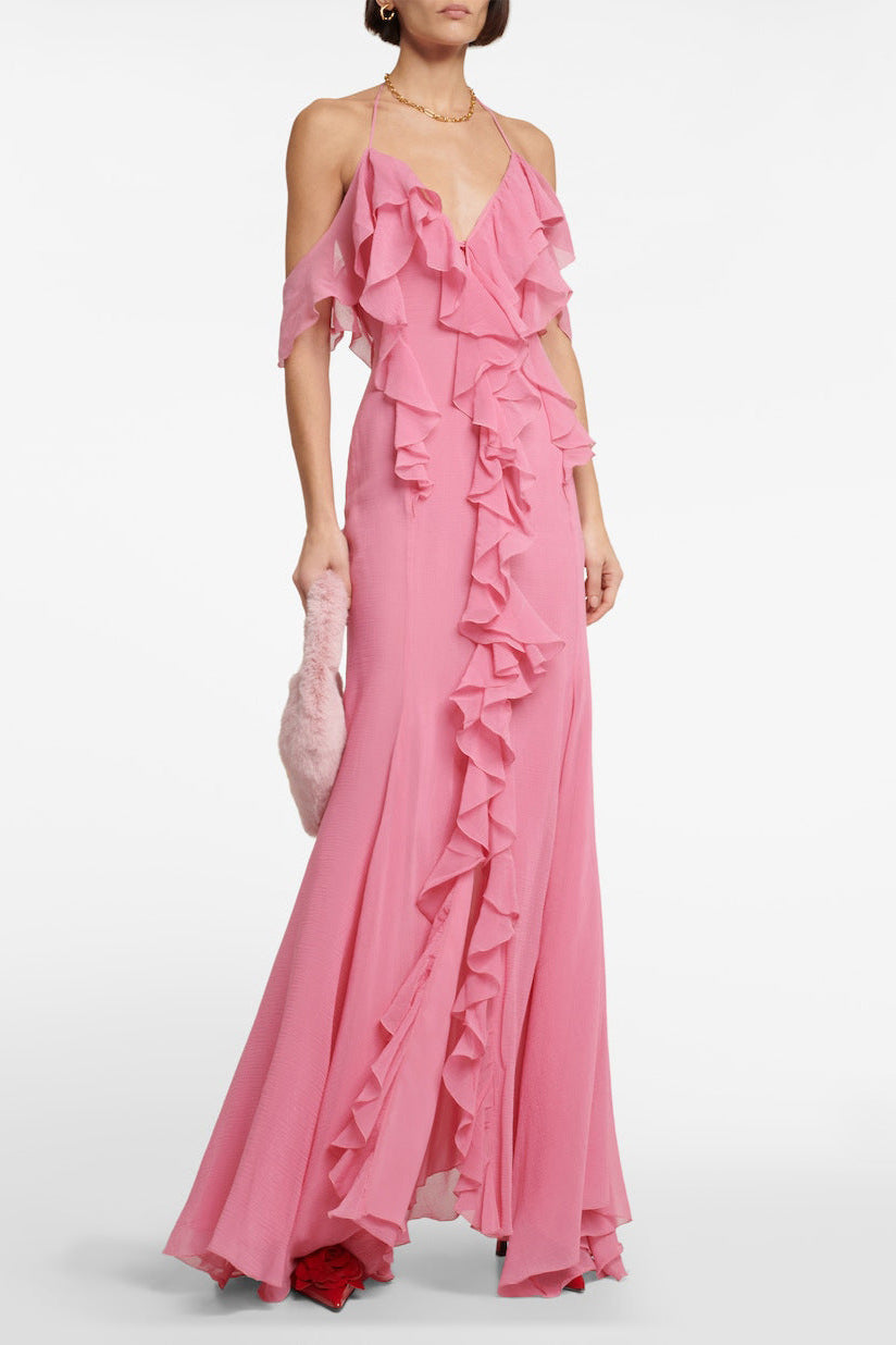 01_8fe89866-2b64-4e53-9570-c062d54d56d3 PINK RUFFLE SILK MAXI DRESS FOR WEDDINGS