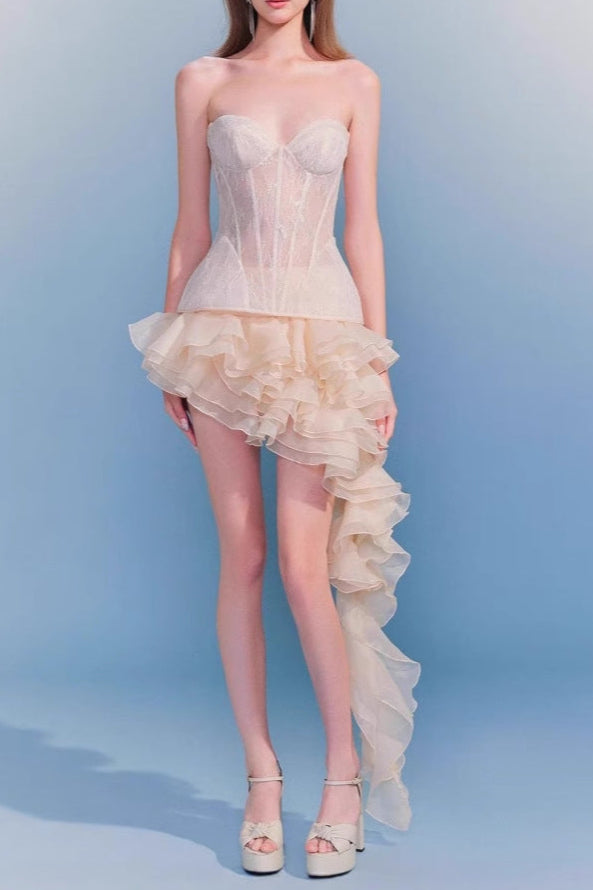IRREGULAR PETAL LACE BODYCON MINI SKIRT SET BEIGE