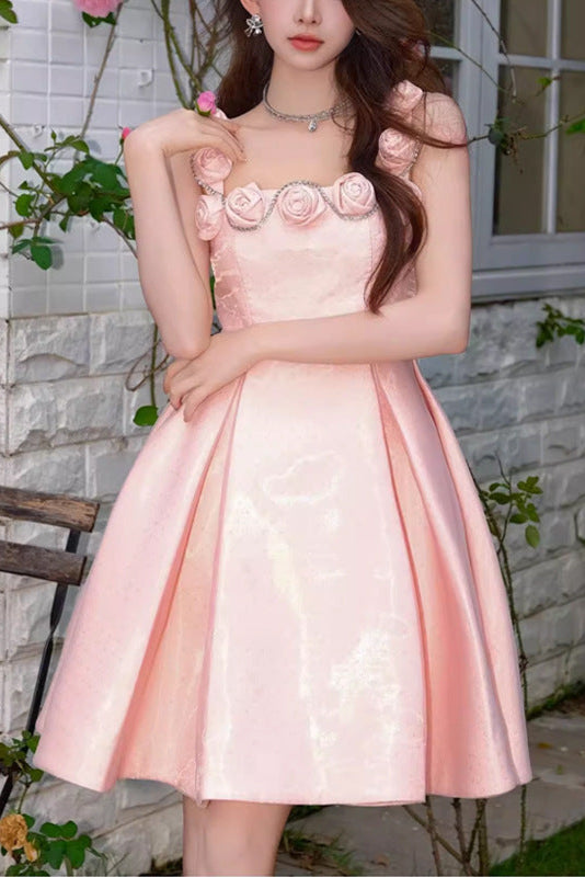RHINESTONE ROSE APPLIQUE PINK MINI PARTY DRESS
