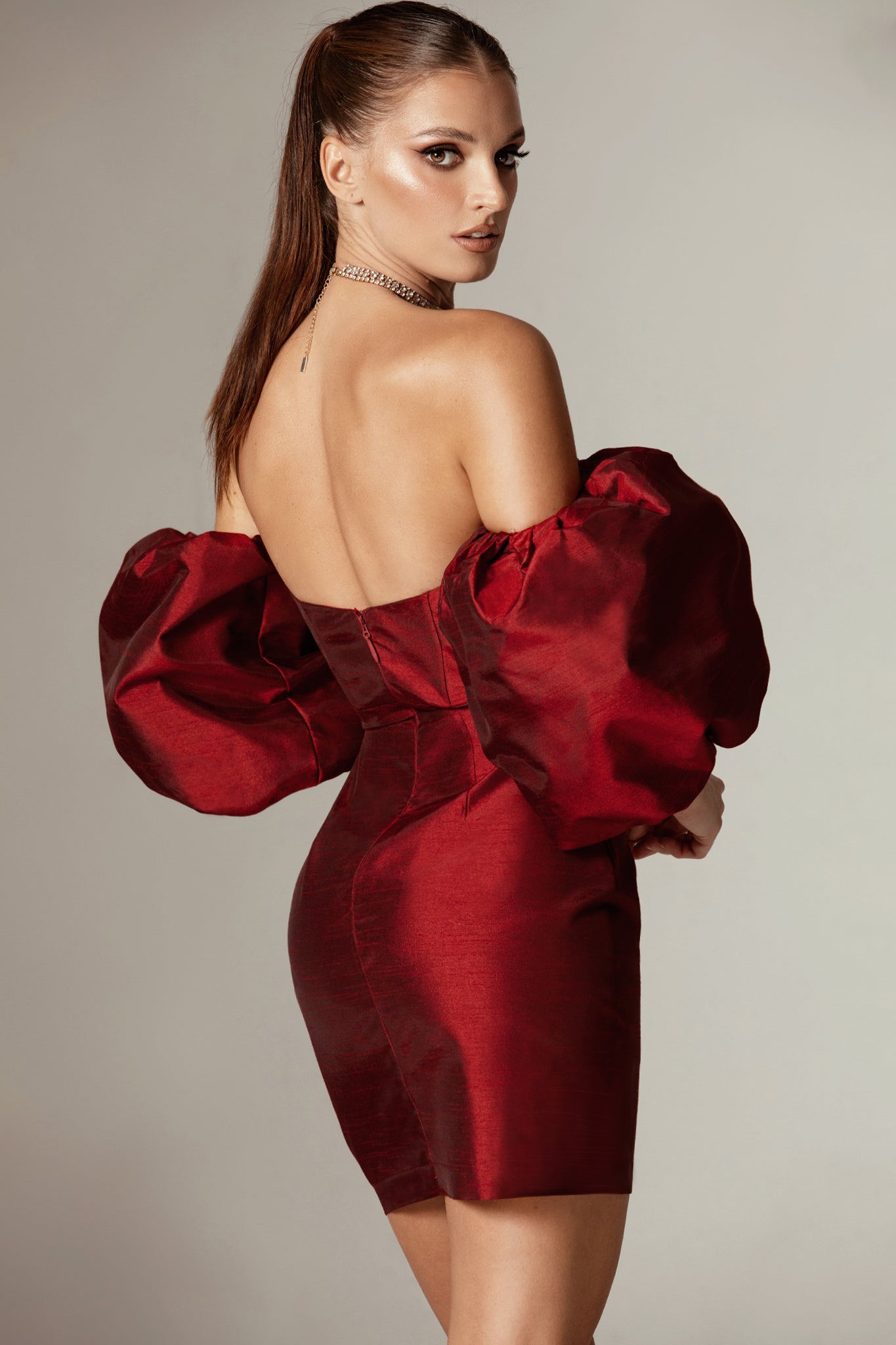 DERIN DUPIONI MINI DRESS RUBY REMOVABLE SLEEVES