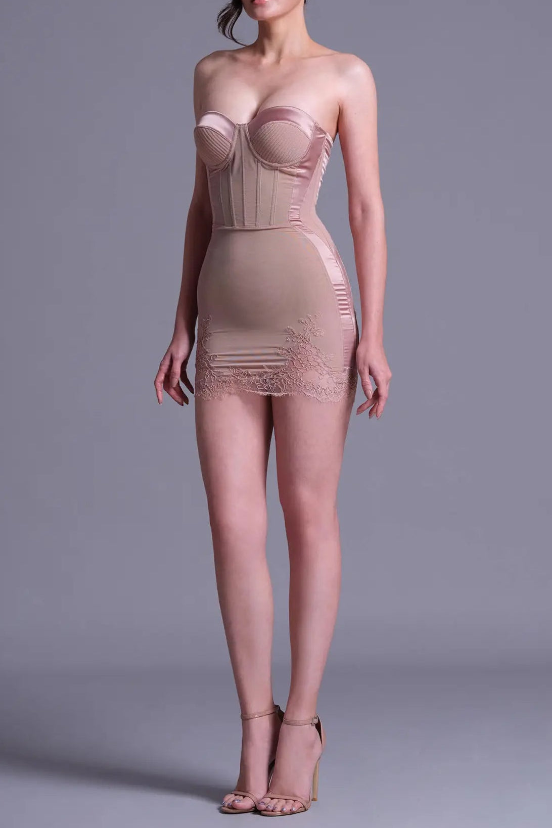 SHERRY NUDE LACE BUSTIER MINI DRESS, CORSET SILHOUETTE