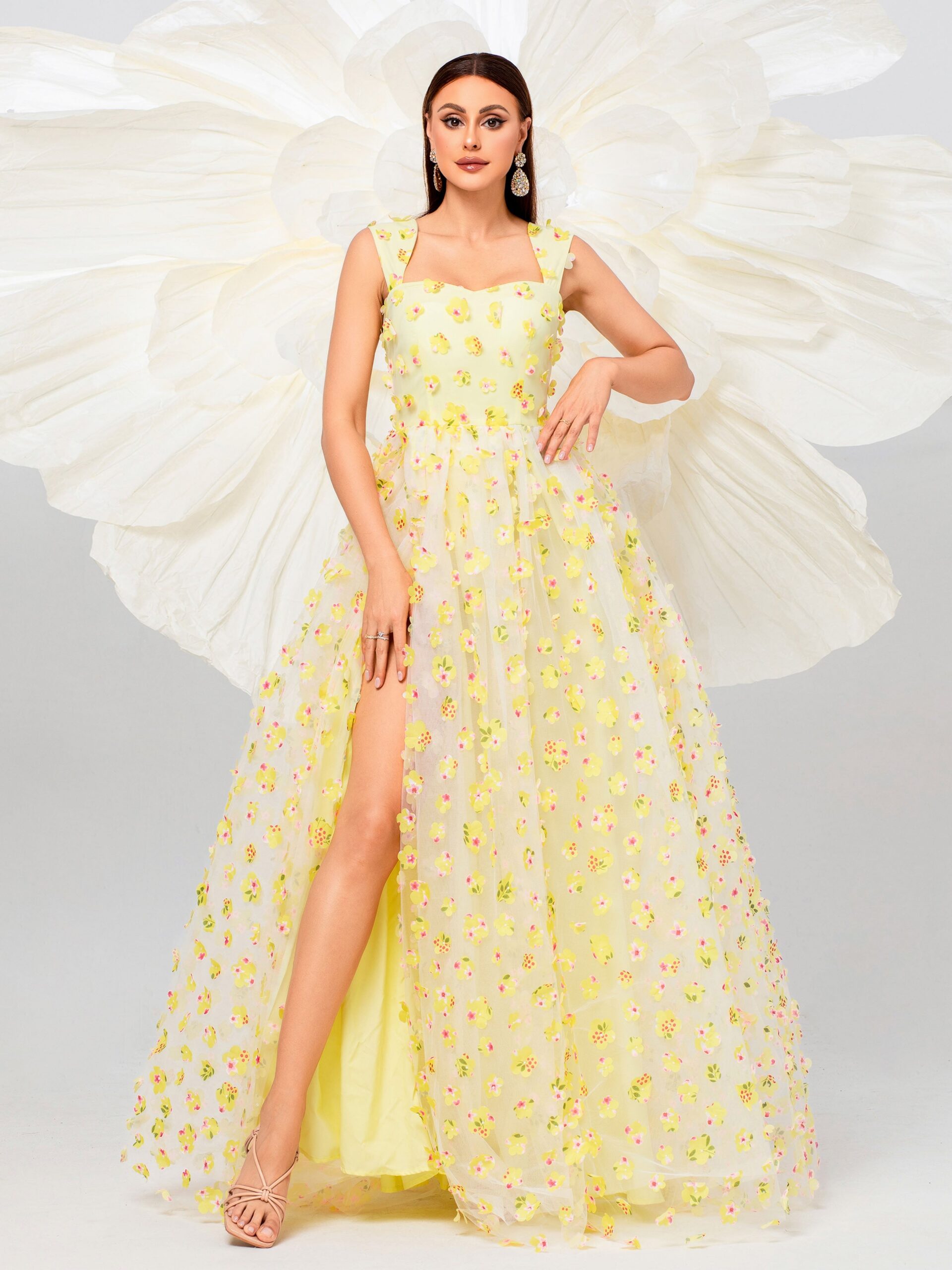FLORAL TULLE DRESS WITH APPLIQUED PINK CAMISOLE