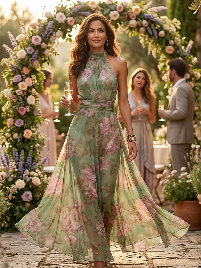 POLLY GREEN FLORAL CHIFFON HALTER MAXI DRESS