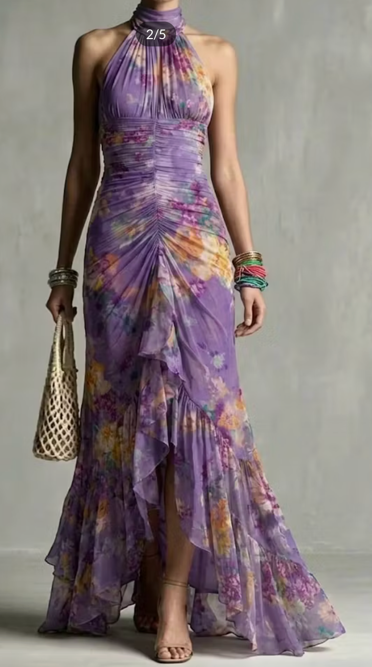PURPLE FLORAL HALTER RUCHED MAXI DRESS