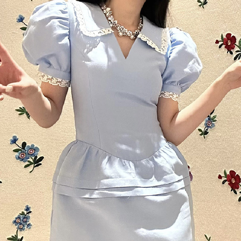 BLUE BUBBLE SLEEVE MINI DRESS FOR PARTY