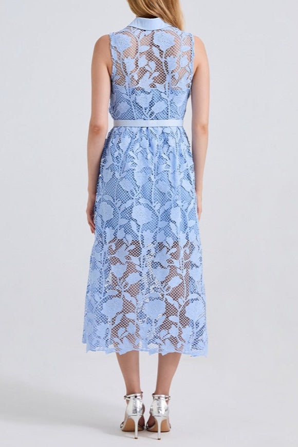 BLUE SLEEVELESS PINCHED WAIST MIDI DRESS
