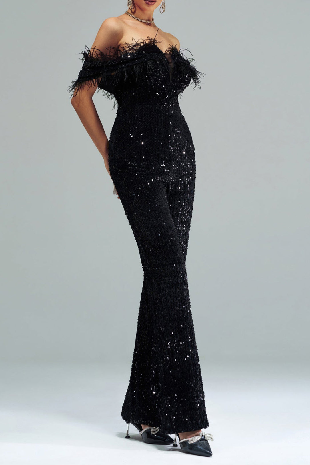 OFF-SHOULDER SEQUIN JUMPSUIT BLACK PARTY