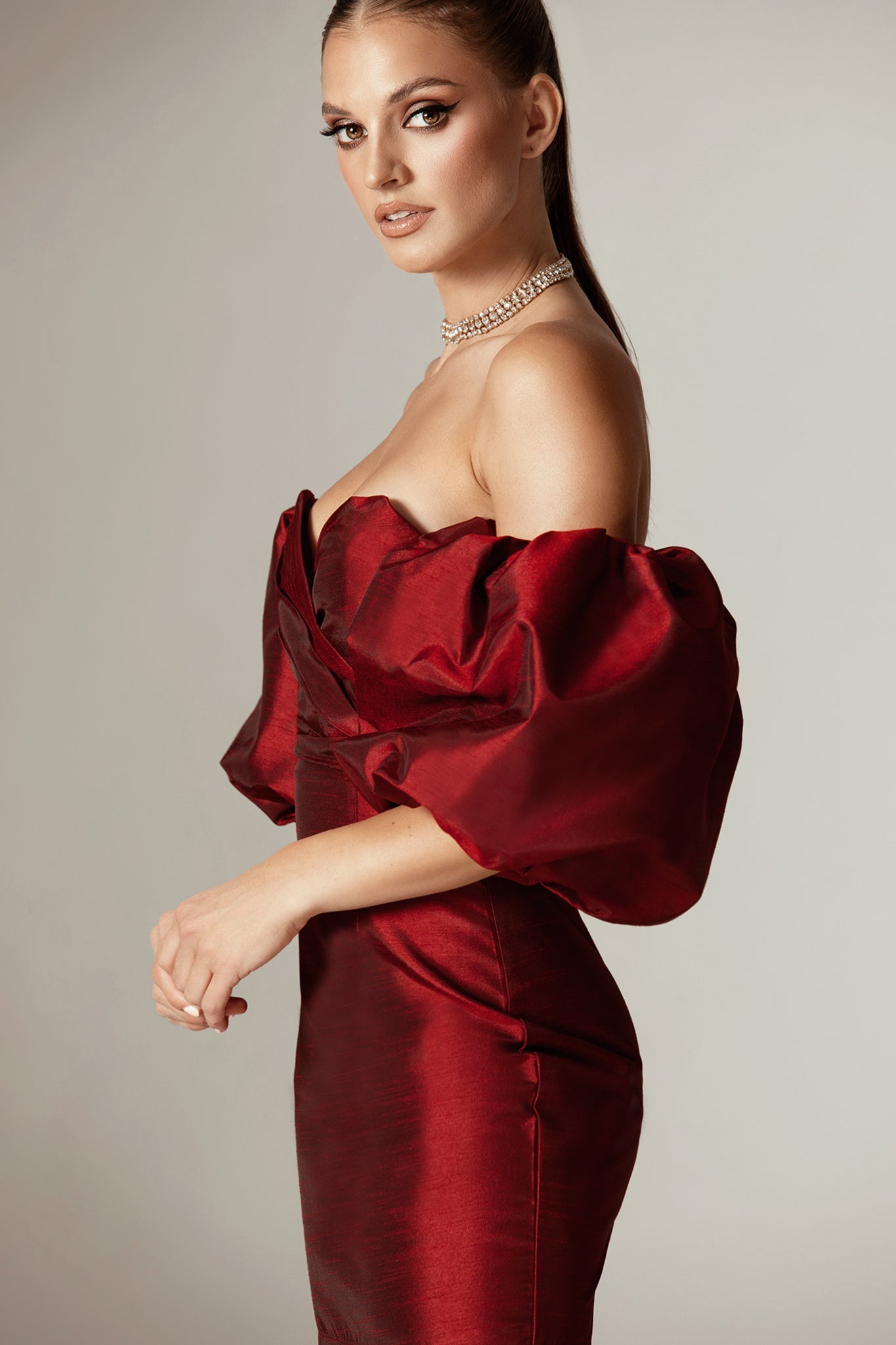 DERIN DUPIONI MINI DRESS RUBY REMOVABLE SLEEVES