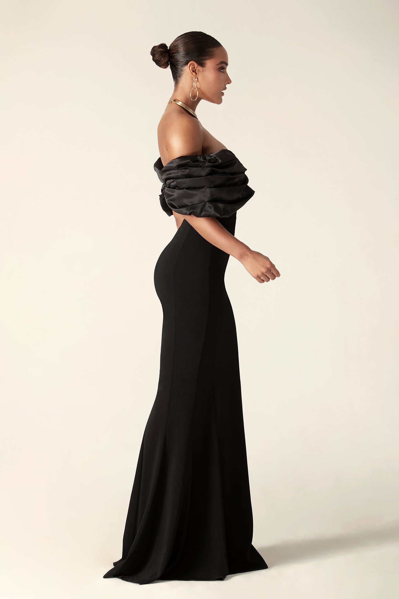 PRESLEY CREPE RUFFLE SHOULDER FORMAL MAXI GOWN
