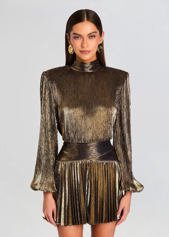 NANCY GOLD LANTERN SLEEVE PLEATED MINI DRESS