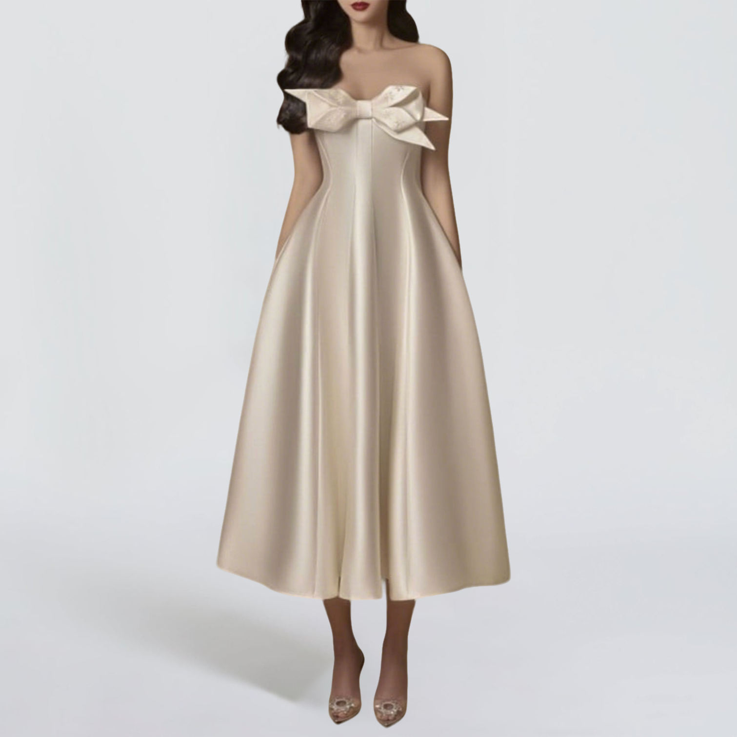 BEIGE FLARED SEMI-HEART NECK TAFFETA MIDI DRESS