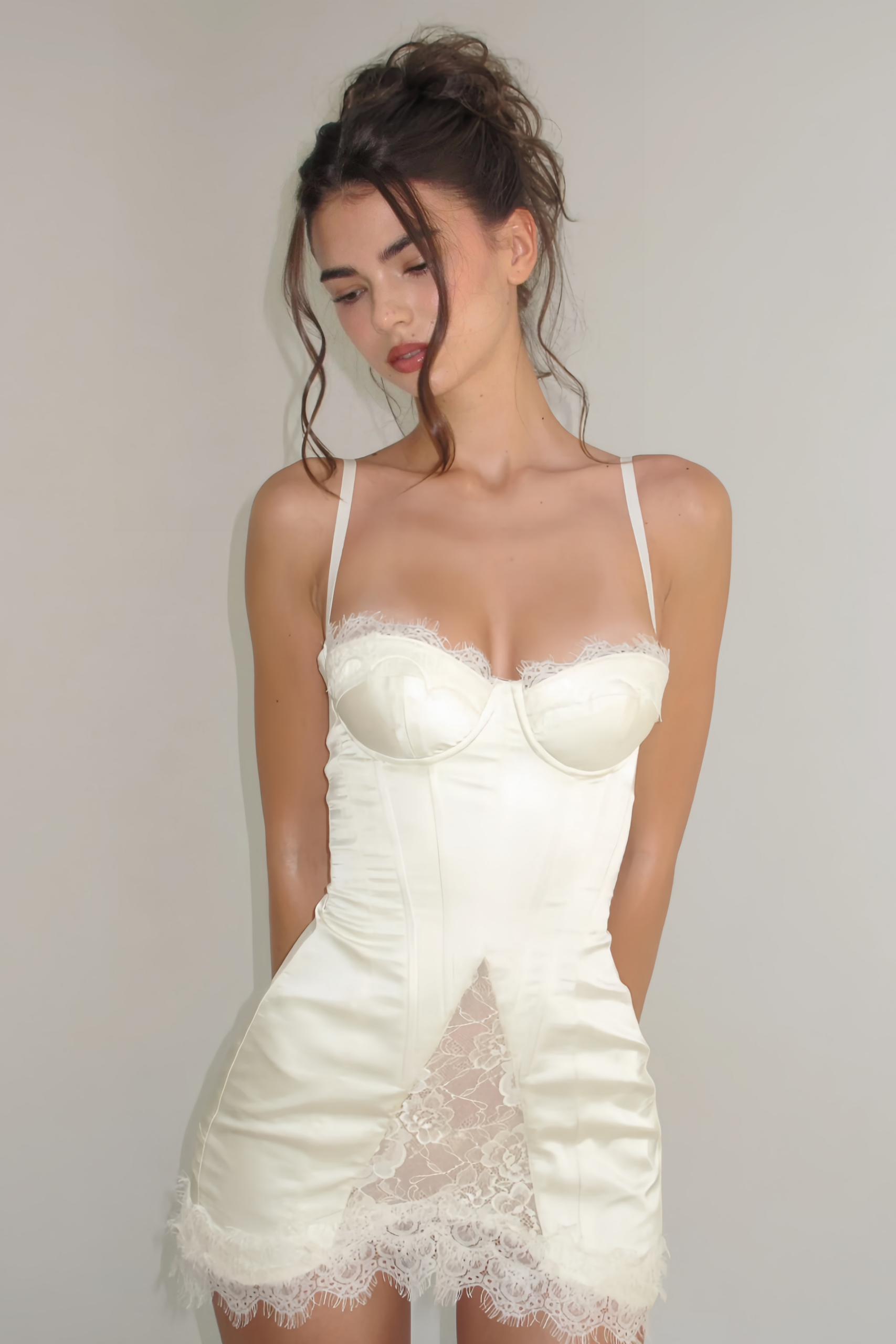 LORRAINE WHITE SATIN LACE MINI DRESS