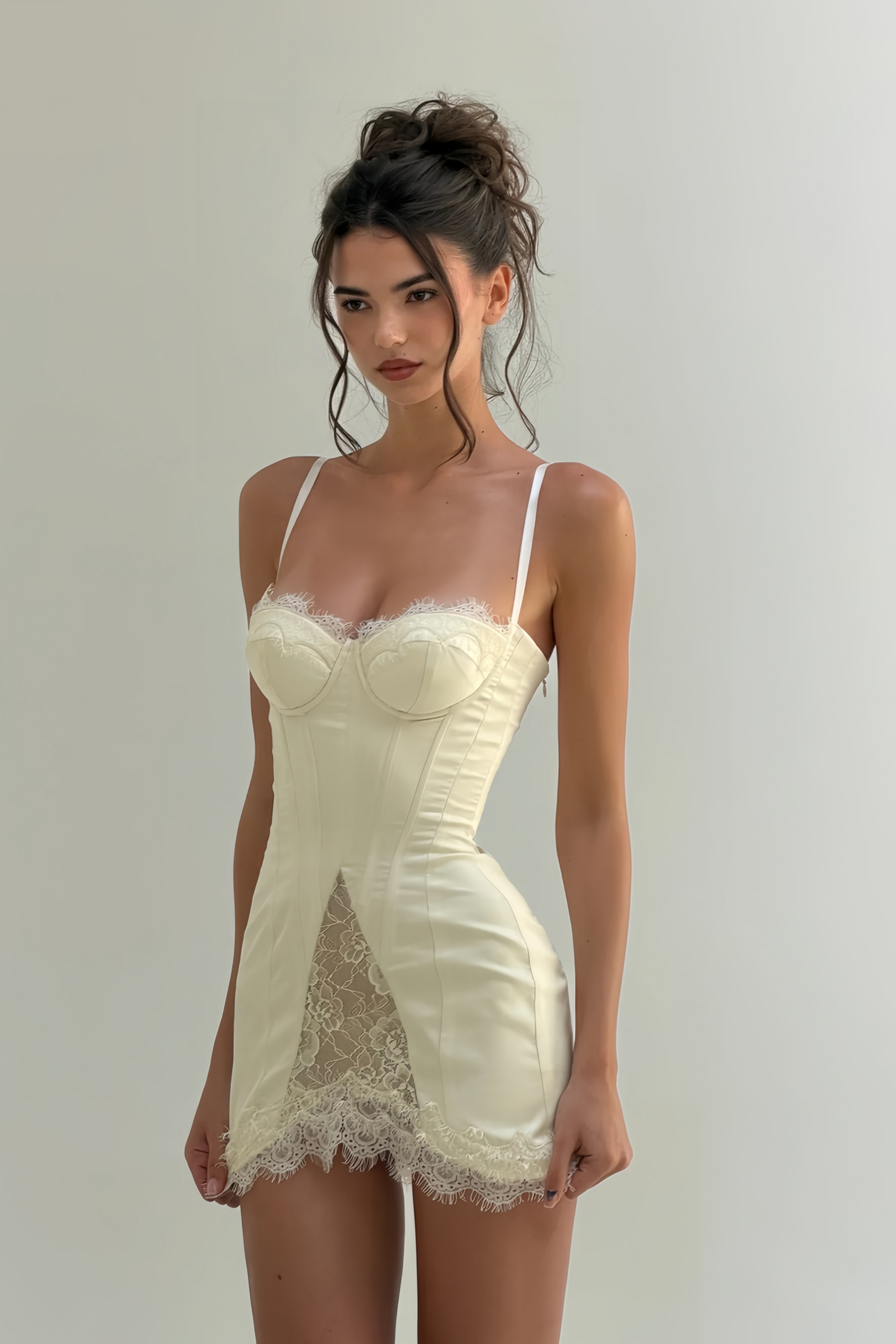 LORRAINE WHITE SATIN LACE MINI DRESS