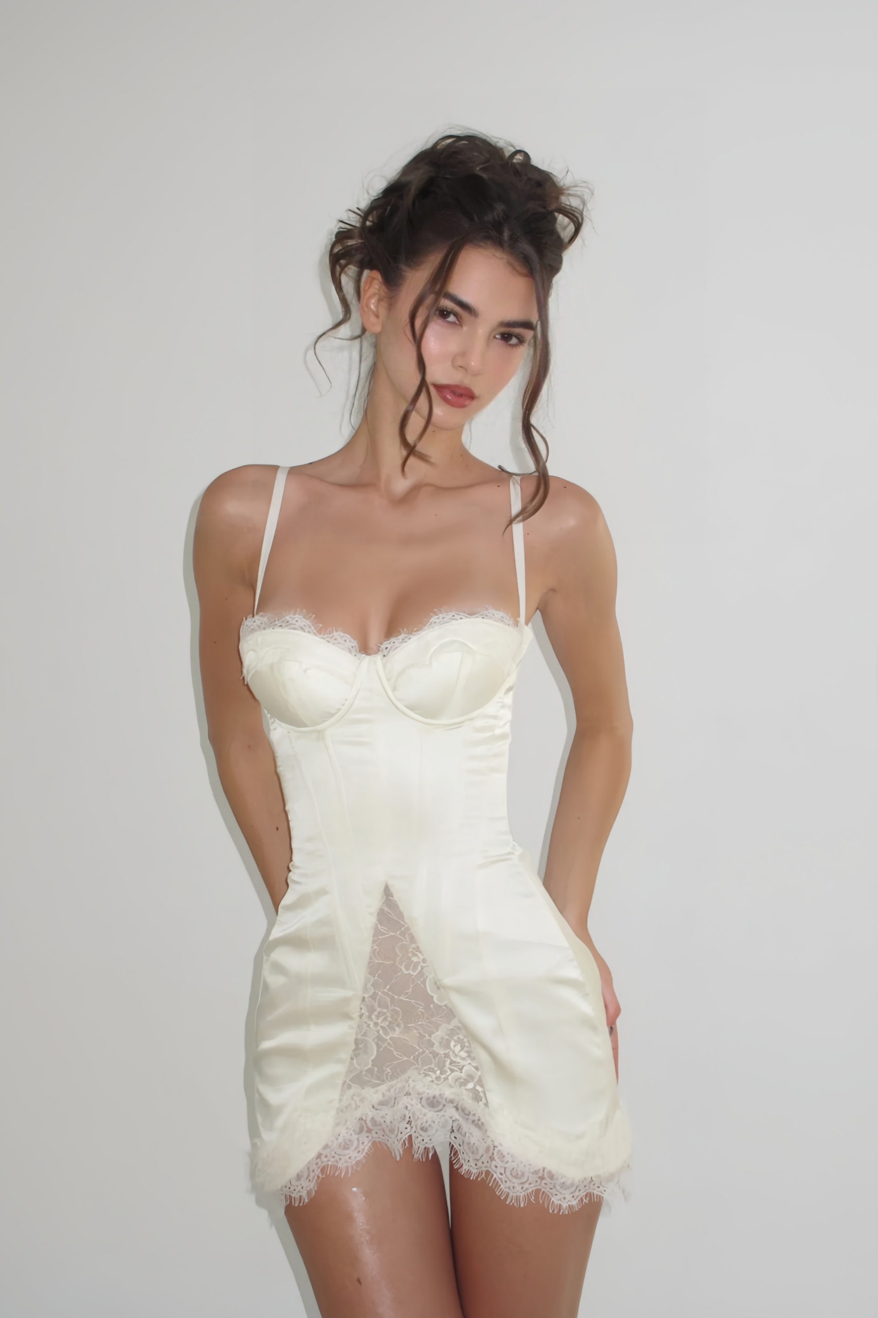 LORRAINE WHITE SATIN LACE MINI DRESS