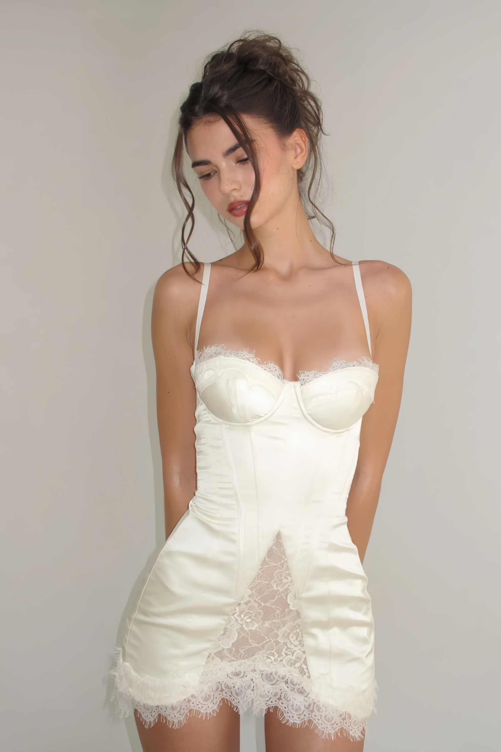 LORRAINE WHITE SATIN LACE MINI DRESS