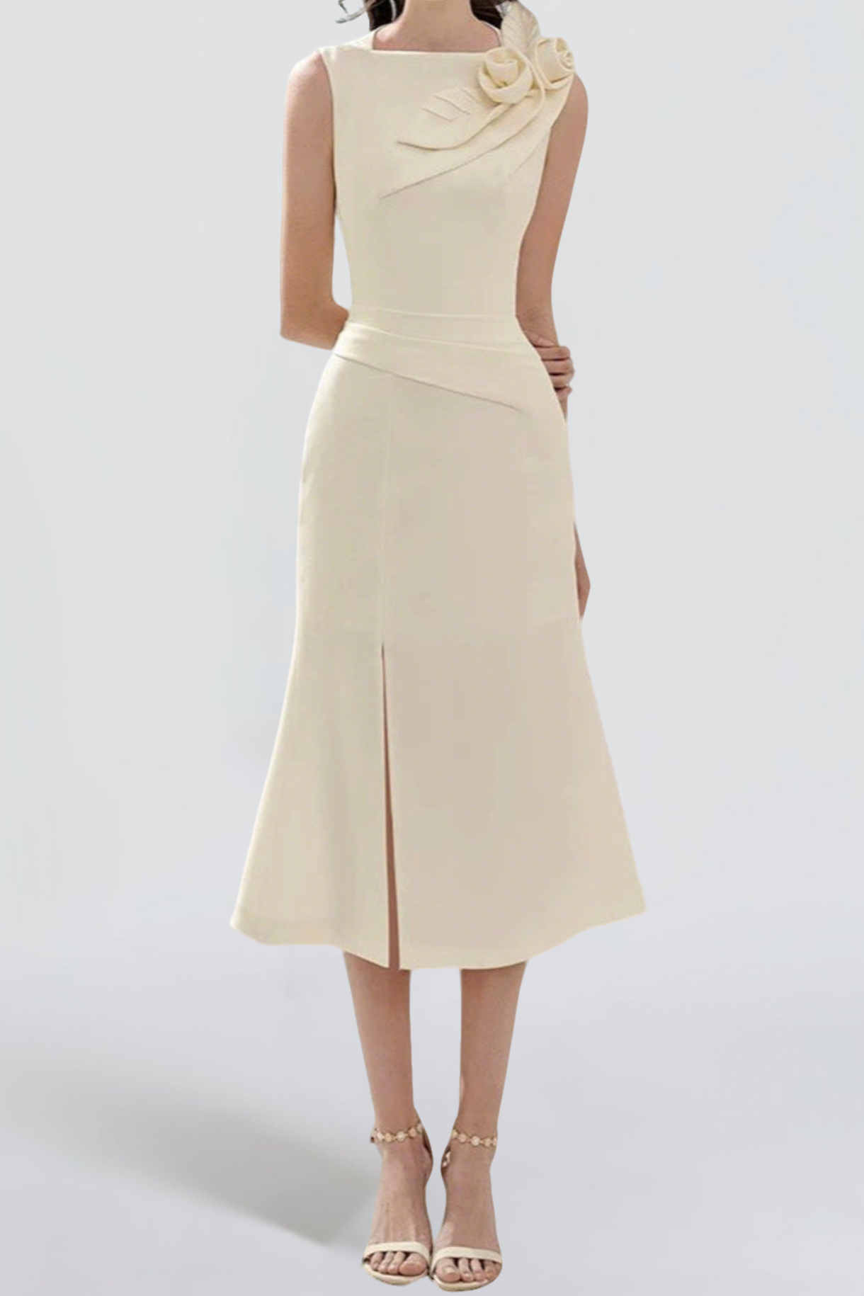 ALANI FLOWER SLIM SPLIT MIDI DRESS APRICOT