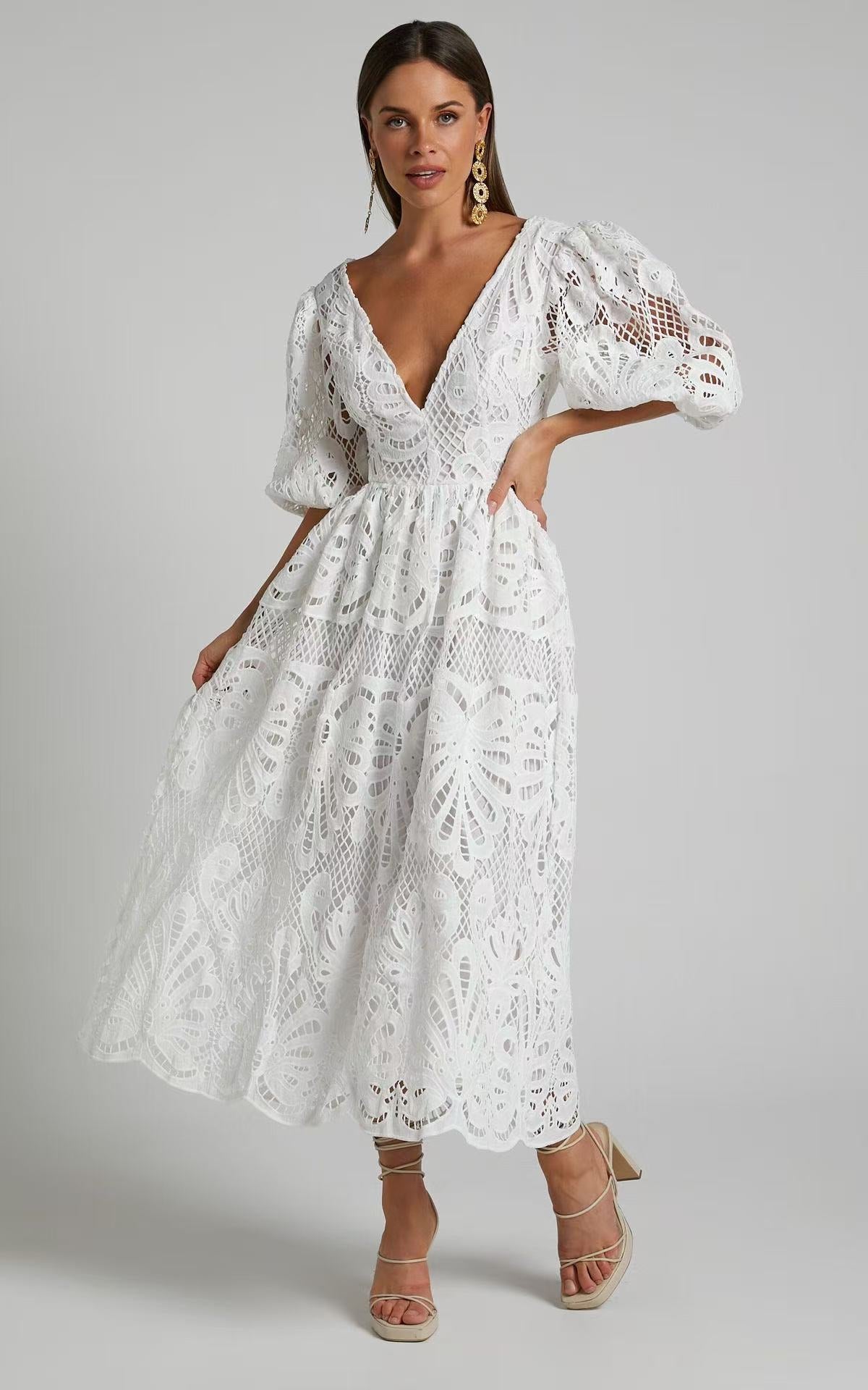 V-NECK LACE MIDI DRESS FOR WEDDING GUEST