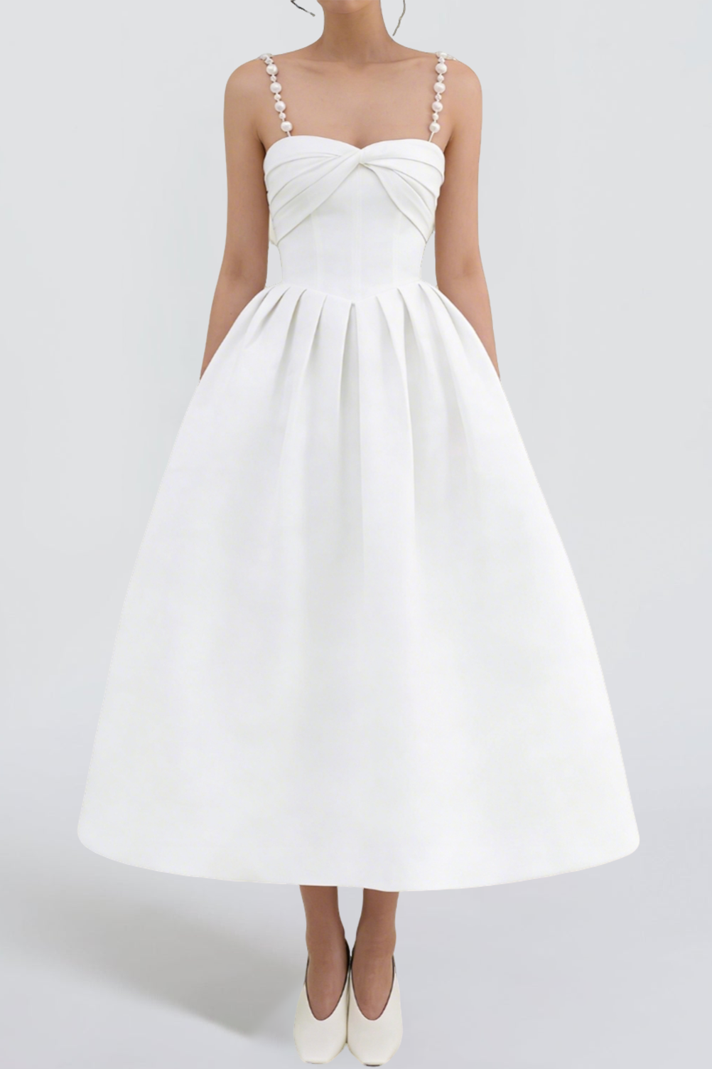 032004 TWISTED PEARL STRAP MIDI DRESS WHITE WEDDING GUEST