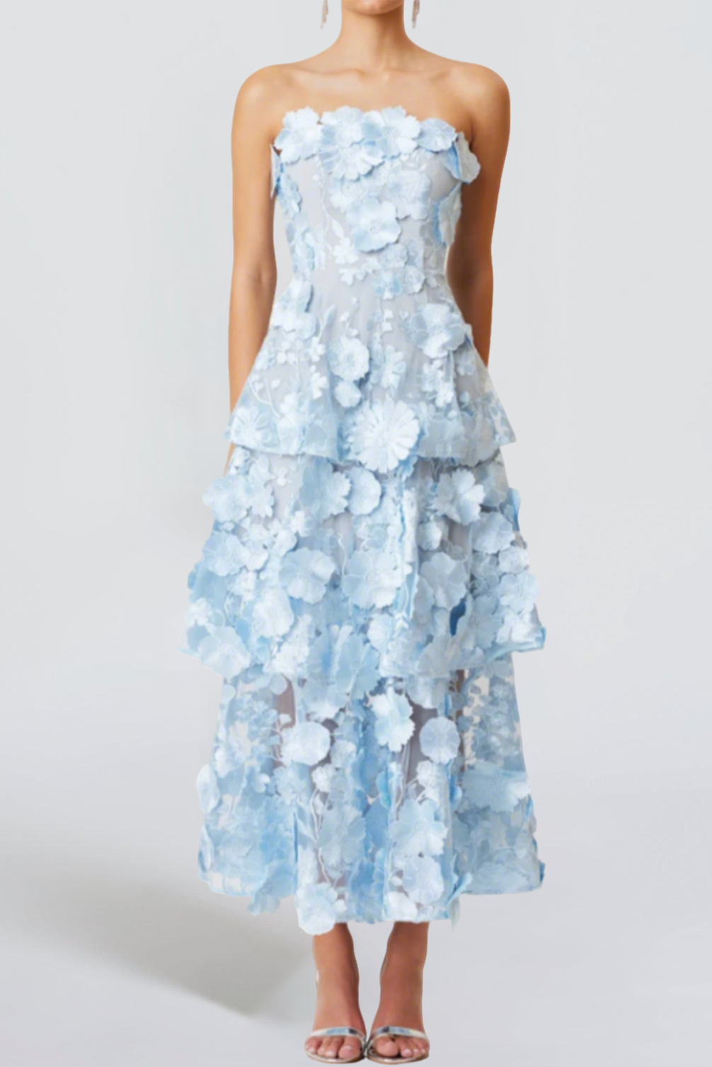 032103 SELENE 3D FLOWER TIERED MAXI DRESS BLUE