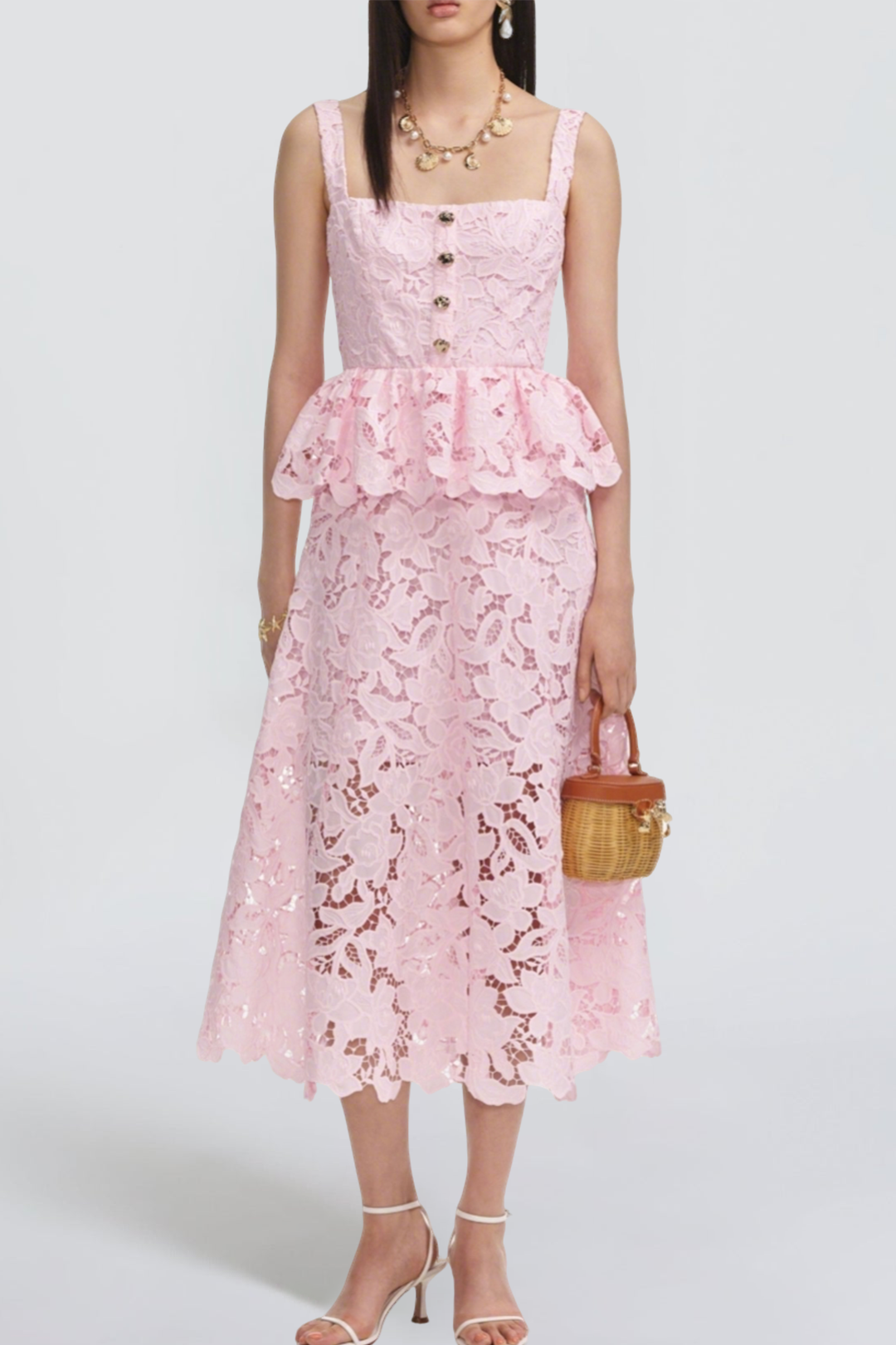 032104 PINK LACE PEPLUM MIDI DRESS FOR WEDDING