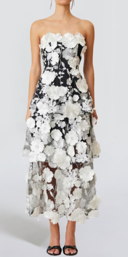 Selene 3D flower Tiered Maxi Dress In Black Selene 3D flower Tiered Maxi Dress In Black