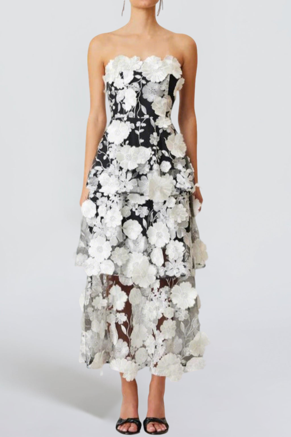 SELENE BLACK 3D FLOWER TIERED MAXI DRESS
