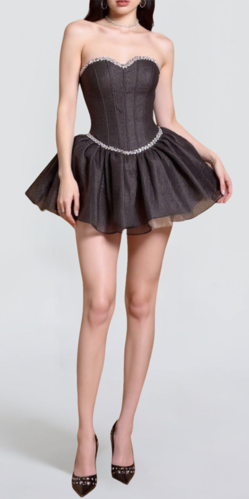 debby Tube Top Fishbone Mesh Tulle Tutu mini dress in black