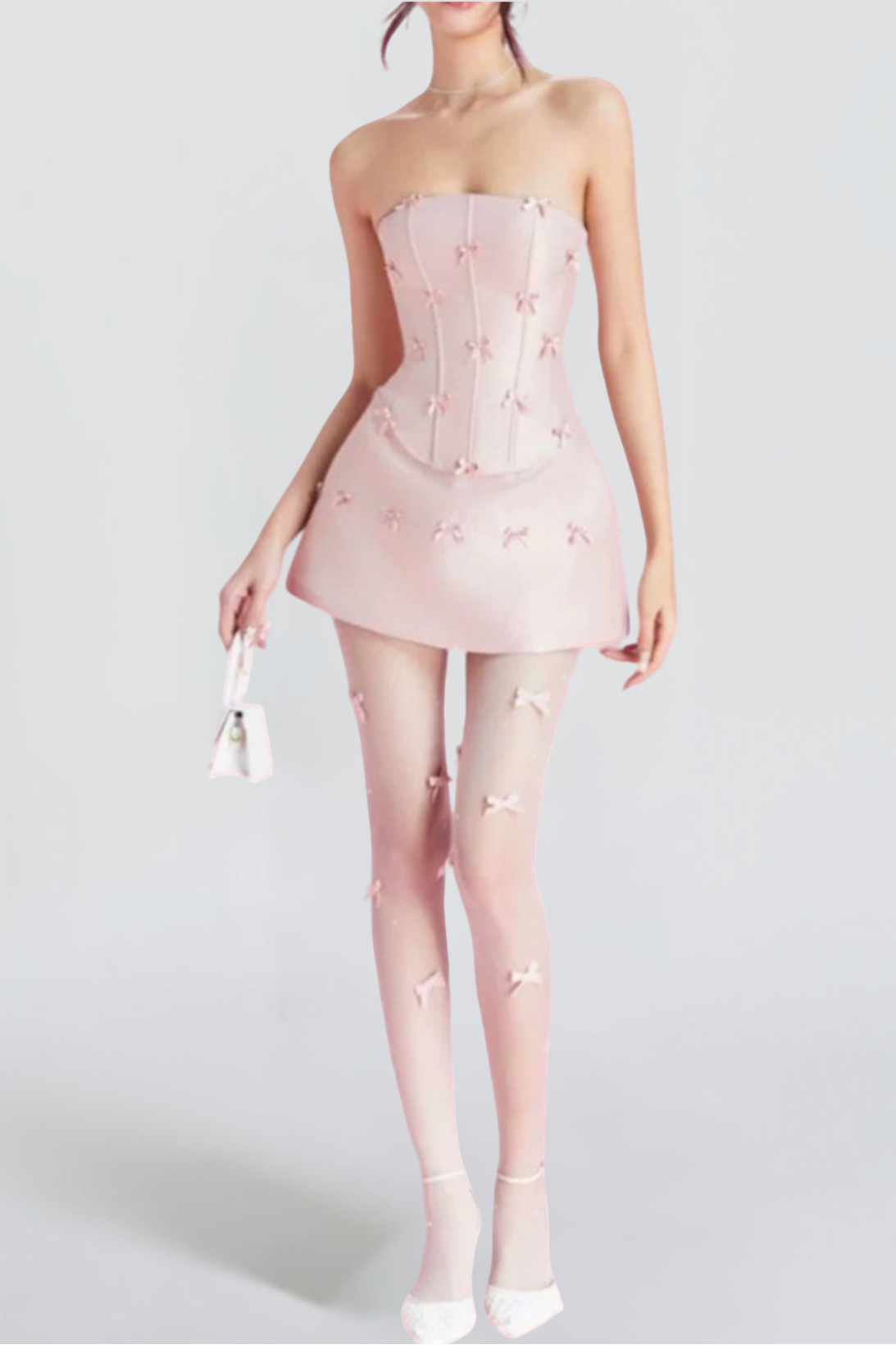PINK BOW STRAPLESS MINI DRESS SET FOR PARTIES