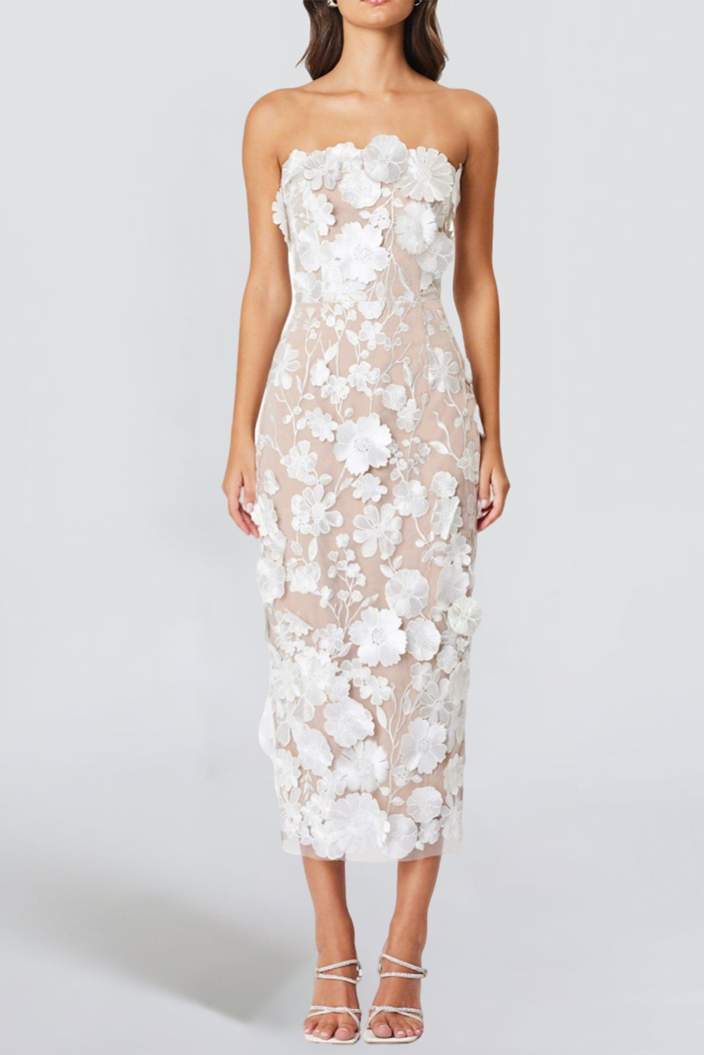 032702 HELENA STRAPLESS WHITE MIDI DRESS FOR WEDDING GUEST